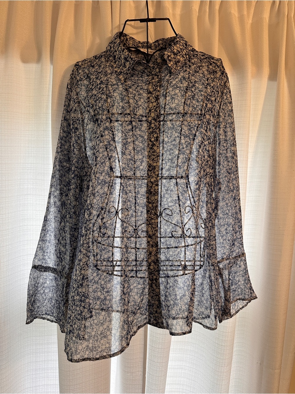 ZARA Sheer Navy Floral Button-Up Blouse